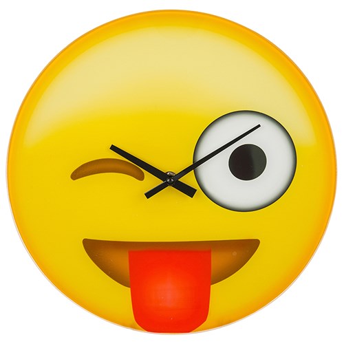 Funny Novelty "Tongue Out" Cheeky Winking Emoji Glass 12 Hours Wall Clock
