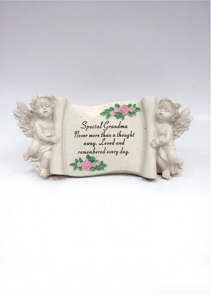 "Special Grandma" Pink Angel Cherub Floral Memorial Garden / Grave Scroll Plaque