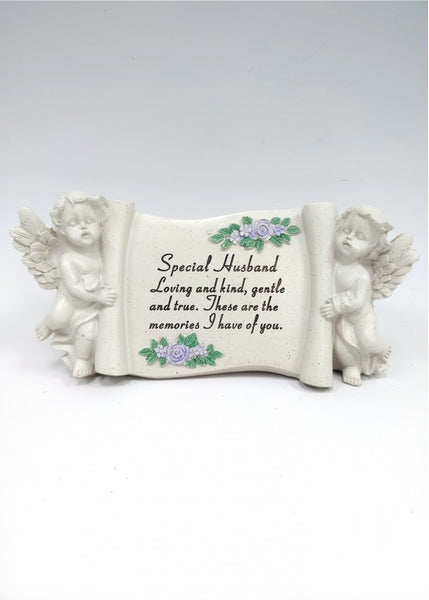 "Special Husband" Blue Scroll Style Cherub Angel Memorial Grave Plaque