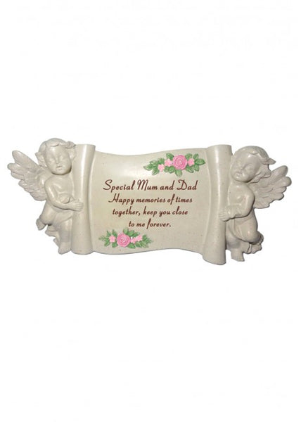"Special Mum & Dad" Pink Roses & Angels Detailed Scroll Style Memorial Garden / Grave Plaque