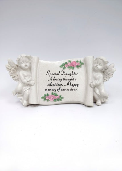 "Special Daughter" Angel Cherub Pink Roses Scroll Style Memorial Garden / Grave Plaque