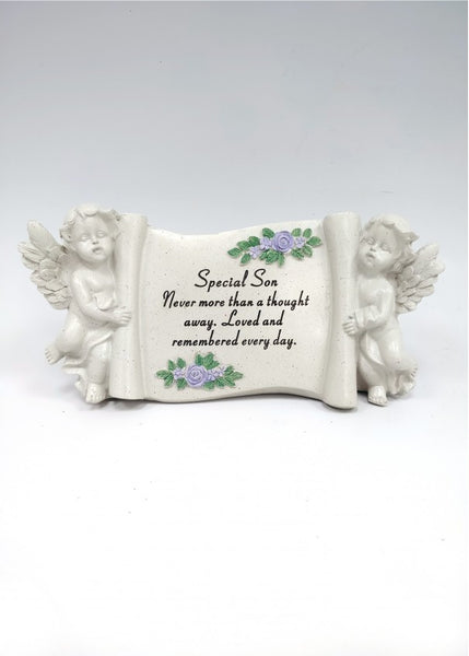 "Special Son" Scroll Style Angel Cherub Blue Roses Memorial Garden / Grave Plaque Ornament