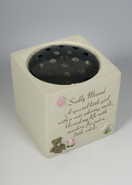 "Sadly Missed, A Special Little Girl" Teddy Bear, Pink Memorial Garden / Grave Flower Vase