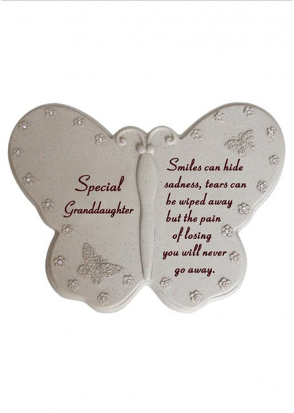 "Special Granddaughter" Butterfly Shaped Diamante Detailed Memorial Garden / Grave Plaque