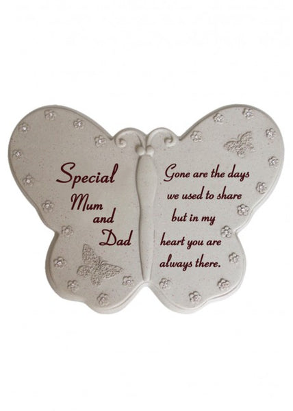 "Special Mum & Dad" Butterfly Shaped Diamante Detailed Memorial Garden / Grave Plaque