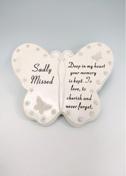 "Sadly Missed" Diamante Butterfly Shaped Memorial Garden / Grave Plaque
