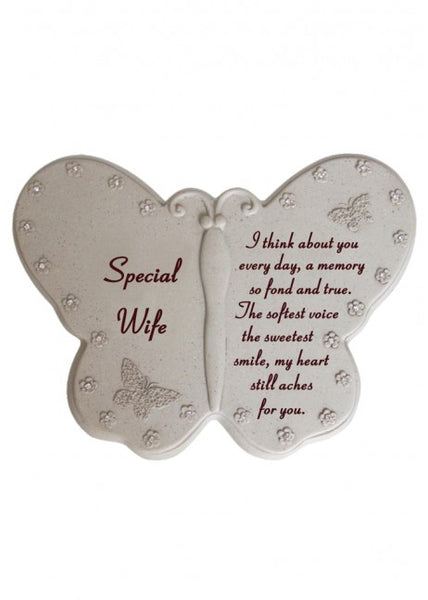 "Special Wife" Butterfly Shaped Floral Diamante Detailed Memorial Garden / Grave Plaque