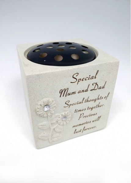 "Special Mum & Dad" Diamante Daisy Flower Detailed Memorial Garden / Grave Flower Vase / Rose Bowl