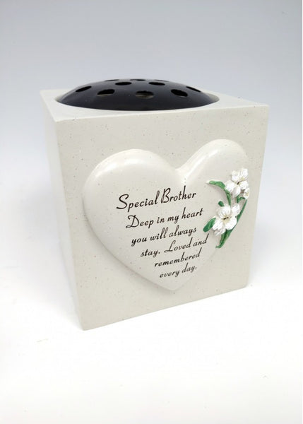 "Special Brother" White Flower Love Heart Memorial Garden / Grave Flower Vase / Rose Bowl