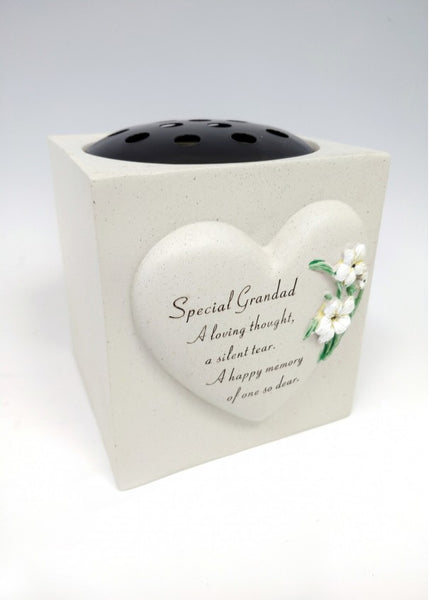"Special Grandad" White Flowers Love Heart Detailed Memorial Garden / Grave Flower Vase / Rose Bowl