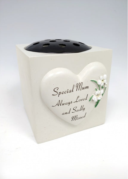"Special Mum" White Flowers Love Heart Detailed Resin Memorial Garden / Grave Flower Vase / Rose Bowl