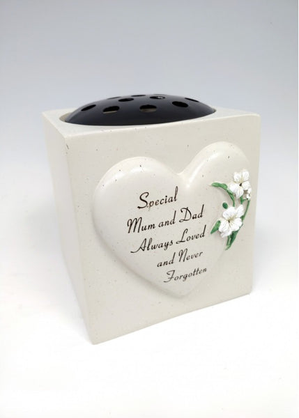 "Special Mum & Dad" White Flowers Love Heart Detailed Memorial Garden / Grave Flower Vase / Rose Bowl