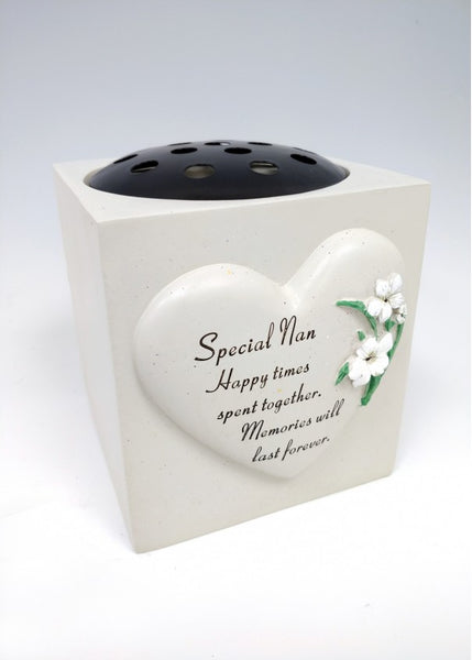 "Special Nan" White Flower Love Heart Detailed Memorial Garden / Grave Flower Vase / Rose Bowl