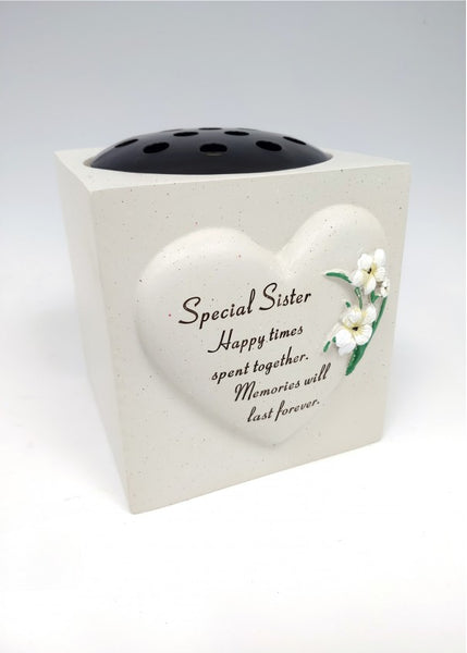 "Special Sister" White Flowers Love Heart Memorial / Grave Flower Vase / Rose Bowl