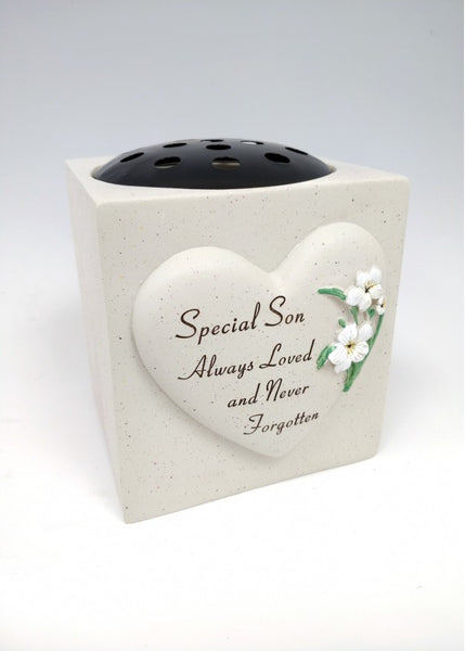 "Special Son" White Flower Love Heart Memorial / Grave Flower Vase / Rose Bowl