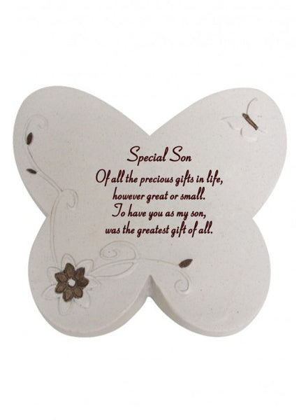 "Special Son" Butterfly Shaped Floral Detailed Memorial Garden Ornament / Grave Plaque