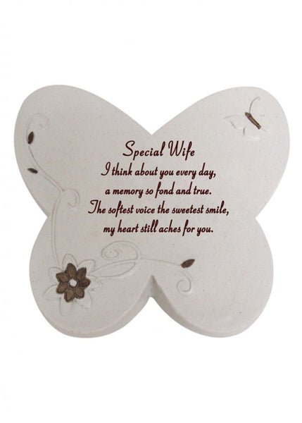 "Special Wife" Butterfly Shaped Floral Detailed Memorial Garden Ornament / Grave Plaque