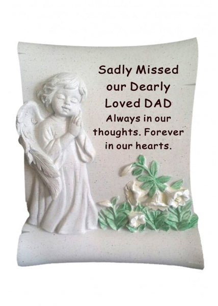 "Sadly Missed, Our Dearly Loved Dad" Memorial Garden / Grave Angel Scroll Ornament Plaque