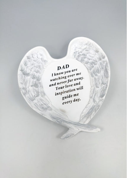 "Dad - I know You are Watching Over Me" White Angel Wings Memorial Grave Plaque