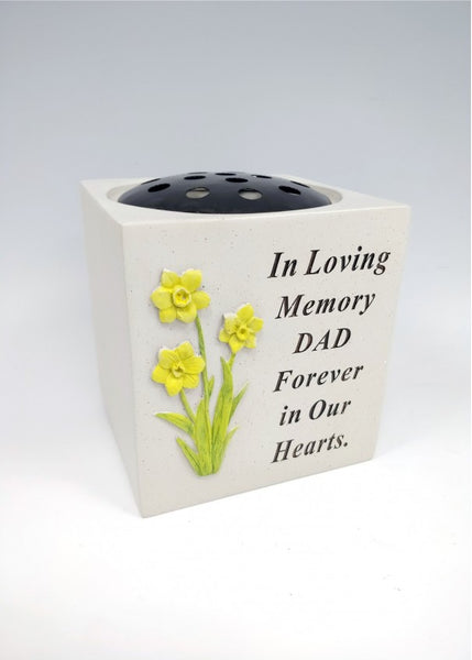 "ln Loving Memory Dad, Forever in Our Hearts" Daffodil Flower Detailed Memorial Garden Ornament / Grave Flower Vase / Rose Bowl