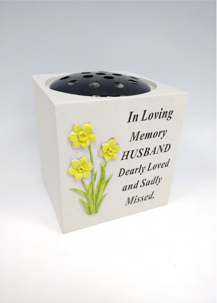 "In Loving Memory - Husband" Daffodil Flowers Detailed Memorial Garden / Grave Flower Vase / Rose Bowl