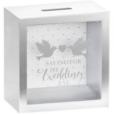 "Saving for Our Wedding Day" Box Style Wedding  / Engagement Novelty White & Silver Money Box / Piggy Bank
