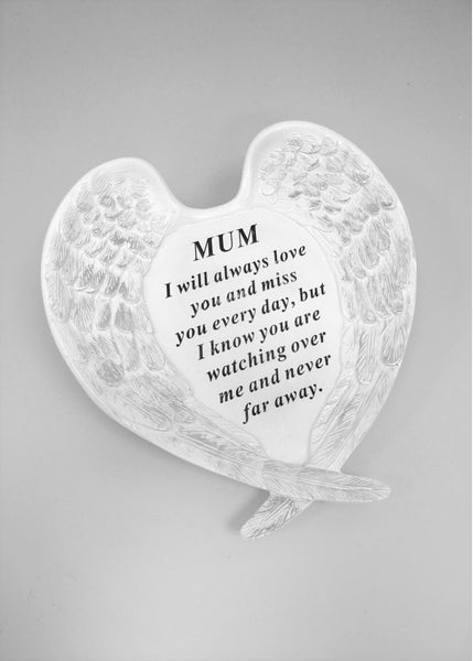 "Mum - I Will Always Love You" White Angel Wings Memorial Garden / Grave Plaque