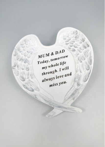 "Mum & Dad" White Angels Wings Style Memorial Garden / Grave Plaque