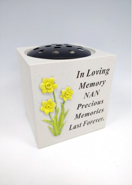 "In Loving Memory - Nan" Daffodil Flower Detailed Memorial Garden / Grave Flower Vase / Rose Bowl