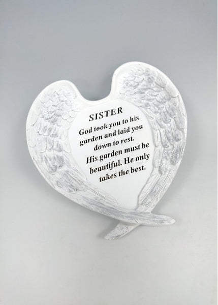 "Sister - He Only Takes the Best" Angel Wings Style Memorial Garden / Grave Plaque Ornament