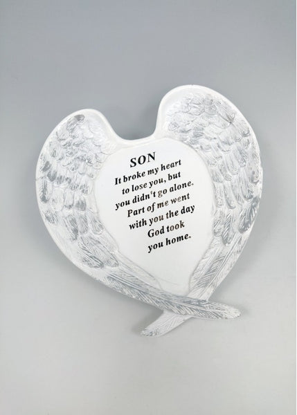"Son - It Broke My Heart to Lose You" Angel Wings Style Memorial Garden / Grave Plaque Ornament