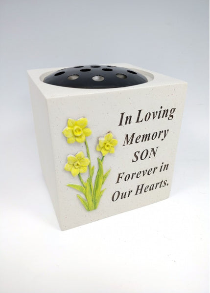 "In Loving Memory Son, Forever in Our Hearts" Daffodil Flower Memorial / Grave Flower Vase