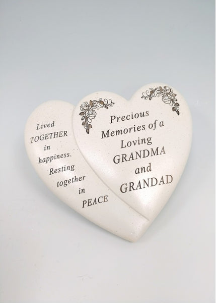 "Precious Memories Dearly Loving Grandma & Grandad" 2 Love Hearts Memorial Grave Plaque