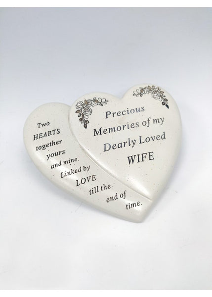 "Precious Memories of My Dearly Loved Wife" Two Love Hearts Shaped Memorial Garden / Grave Plaque