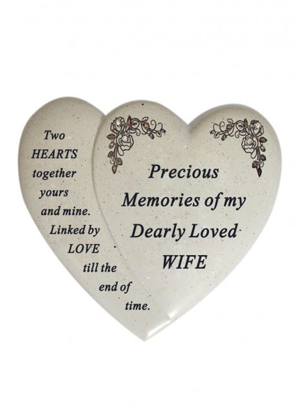 "Precious Memories of My Dearly Loved Wife" Two Love Hearts Memorial Grave Plaque
