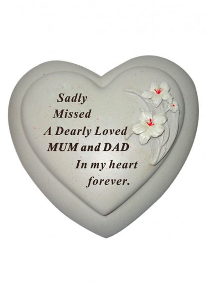 "Sadly Missed, A Dearly Loved Mum & Dad" White & Red Floral Love Heart Memorial Grave Plaque