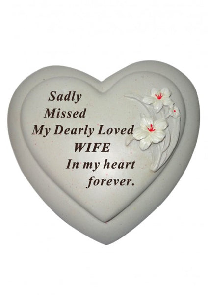 "Sadly Missed, My Dearly Loved Wife" White & Red Floral Love Heart Memorial Grave Plaque