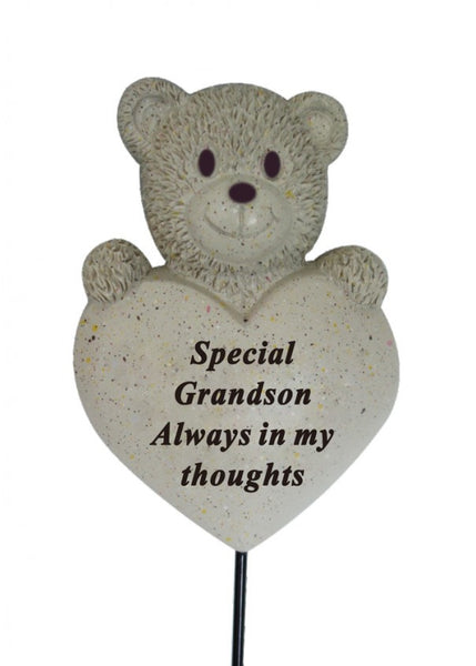 "Grandson, Always in my Thoughts" Teddy Bear Child Memorial Grave Rod / Wand Stick