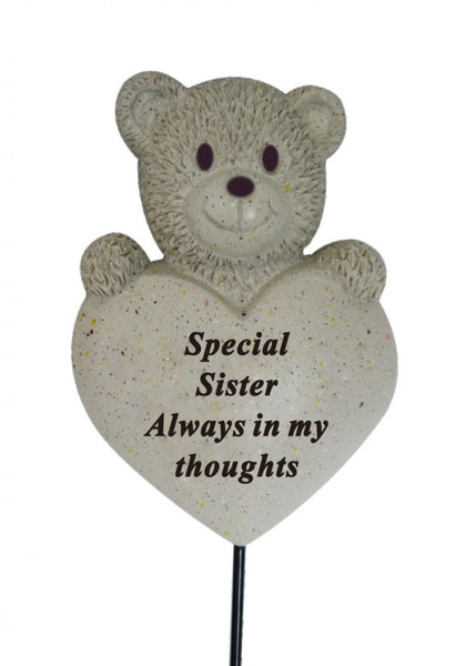 "Special Sister Always In My Thoughts" Teddy Bear Child Memorial Grave Rod / Wand Stick