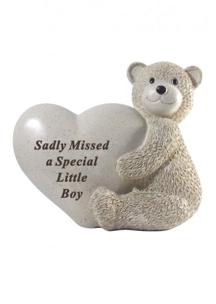 "Sadly Missed, A Special Little Boy" Large Teddy Bear Love Heart Child's Memorial Garden / Grave Plaque