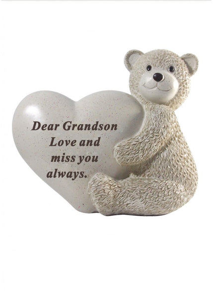 "Dear Grandson, Love & Miss You" Large Teddy Bear Love Heart Child's Memorial Garden / Grave Plaque