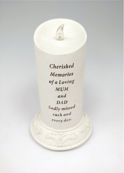 "Cherished Memories of a Loving Mum & Dad" Memorial Garden / Grave Plaque Solar Powered Candle