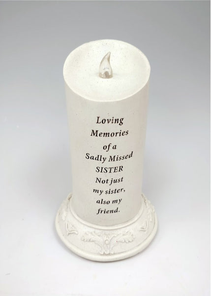 "Loving Memories of a Sadly Missed Sister" Memorial Garden / Grave Plaque Solar Powered Candle