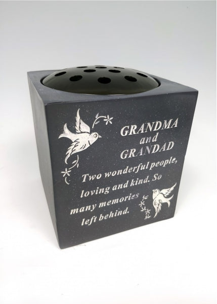 "Grandma & Grandad" Blue & White Resin Memorial Garden / Grave Flower Vase / Rose Bowl
