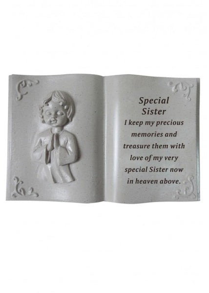 "Special Sister" Open Book Style Memorial Garden / Grave Praying Angel Plaque Ornament