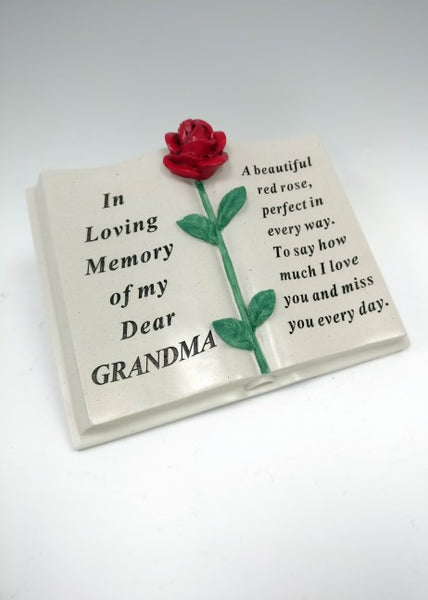 "In Loving Memory of My Dear Grandma" Red Rose Detailed Memorial Book Garden / Grave Plaque