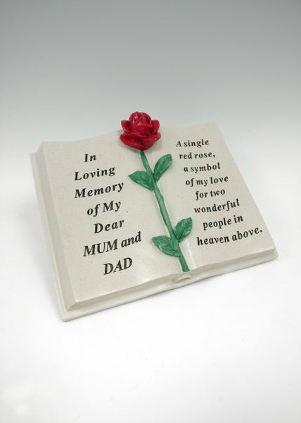 "In Loving Memory of My Dear Mum & Dad" Red Rose Detailed Memorial Book Garden / Grave Plaque