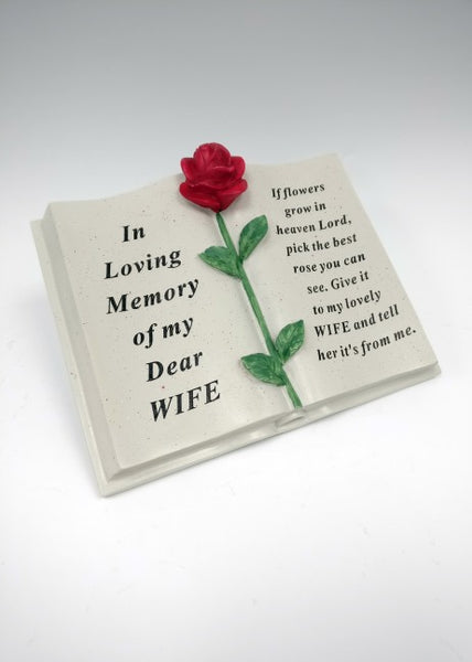 "In Loving Memory of My Dear Wife" Red Rose Memorial Open Book Garden / Grave Plaque
