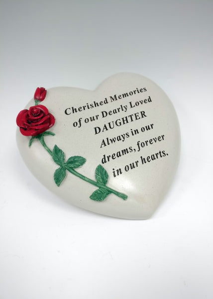 "Cherished Memories of Our Dearly Loved Daughter" Red Rose Love Heart Memorial Grave Plaque