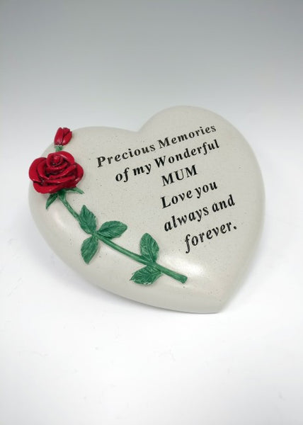 "Precious Memories of My Wonderful Mum" Red Rose Love Heart Memorial Grave Plaque